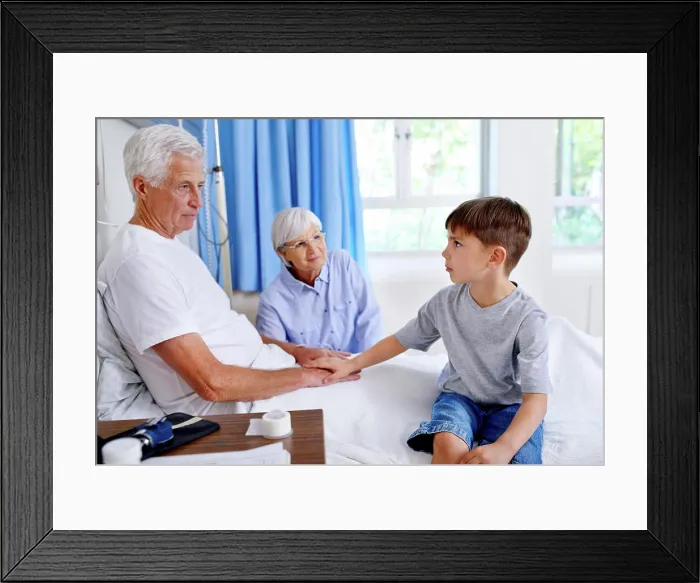 Framed Print : Grandfather, kid and support in clinic bed for kindness Framed Print : Grandfather, kid and support in clinic bed for kindness