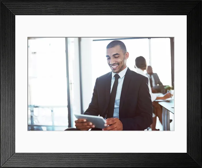 Framed Print : Accountant, tablet and happy man in office for business email Framed Print : Accountant, tablet and happy man in office for business email