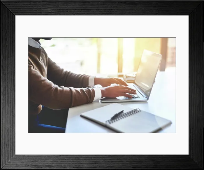Framed Print : Hands, laptop and business man typing email Framed Print : Hands, laptop and business man typing email