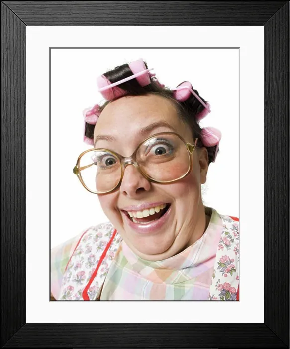 Framed Print : Close-up of woman in curlers with glasses Framed Print : Close-up of woman in curlers with glasses