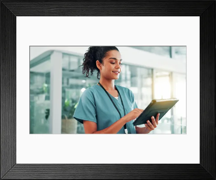 Framed Print : Healthcare, woman and nurse with tablet for research