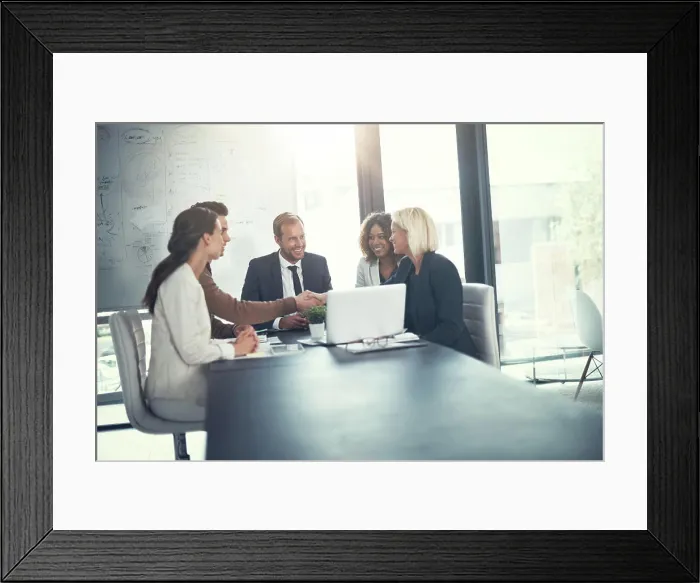 Framed Print : Business people, laptop and handshake in office for agreement Framed Print : Business people, laptop and handshake in office for agreement