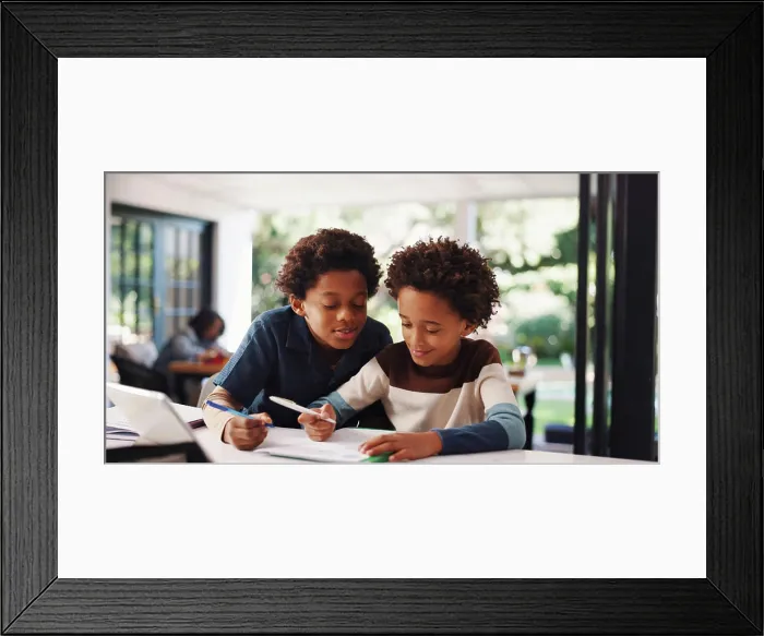 Framed Print : Book, homework and kids in house with education Framed Print : Book, homework and kids in house with education
