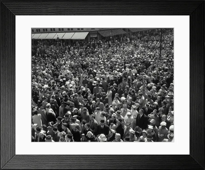 Framed Print : Vintage Photograph. Vintage Crowd Scene: Bustling Urban Gathering from a Bygone Era