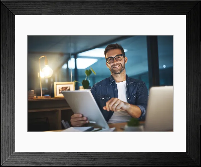 Framed Print : Office, night and portrait of businessman on tablet for research project Framed Print : Office, night and portrait of businessman on tablet for research project
