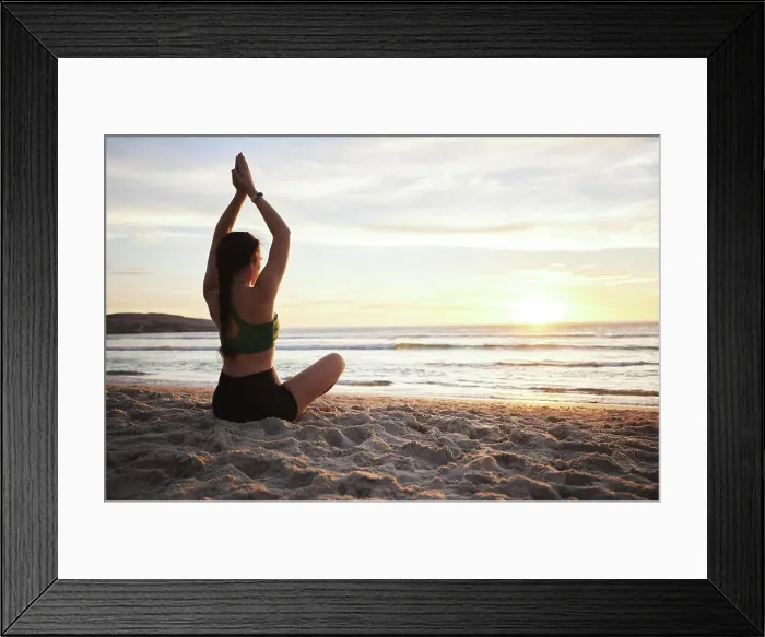 Framed Print : Woman, yoga and meditation on the beach in sunset for spiritual wellness or zen workout outdoors Framed Print : Woman, yoga and meditation on the beach in sunset for spiritual wellness or zen workout outdoors