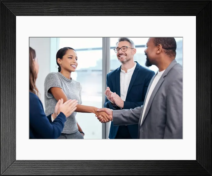 Framed Print : Business people, handshake and clapping in meeting celebration Framed Print : Business people, handshake and clapping in meeting celebration