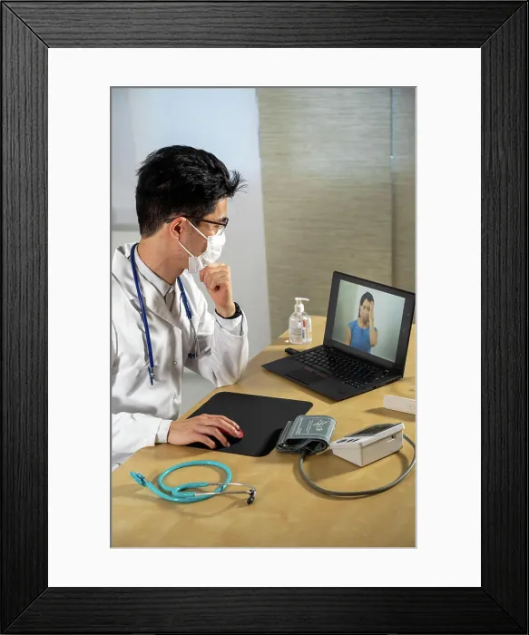 Framed Print : Doctor in remote consultation with a 30-year-old female patient with head pain Framed Print : Doctor in remote consultation with a 30-year-old female patient with head pain