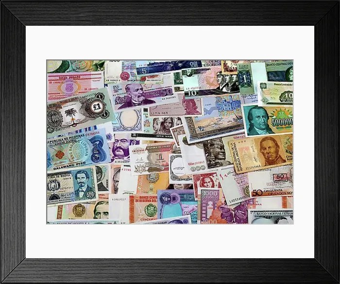 Framed Print : Various historic international bank notes Framed Print : Various historic international bank notes