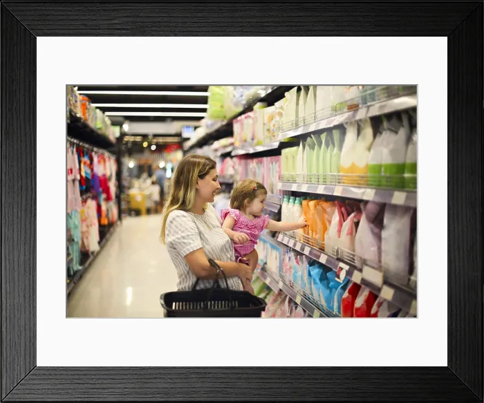 Framed Print : Cheerful mother and baby spending time in shopping in shopping centre, shallow depth of field Framed Print : Cheerful mother and baby spending time in shopping in shopping centre, shallow depth of field