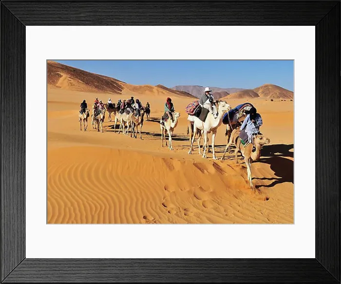Framed Print : Touareg camel caravan with tourists travelling through low sand dunes of Erg Mehejibad Framed Print : Touareg camel caravan with tourists travelling through low sand dunes of Erg Mehejibad