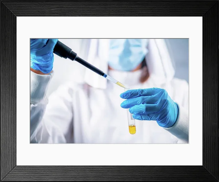 Framed Print : Researcher pipetting a sample Framed Print : Researcher pipetting a sample