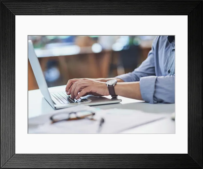 Framed Print : Businessman, hands or typing with laptop for business schedule Framed Print : Businessman, hands or typing with laptop for business schedule