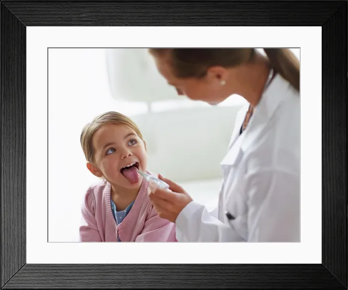 Framed Print : Kid, doctor and thermometer in mouth for medical risk Framed Print : Kid, doctor and thermometer in mouth for medical risk