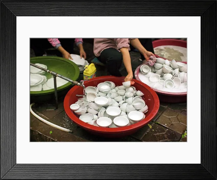 Framed Print : Crockery being washing in tubs outside Framed Print : Crockery being washing in tubs outside