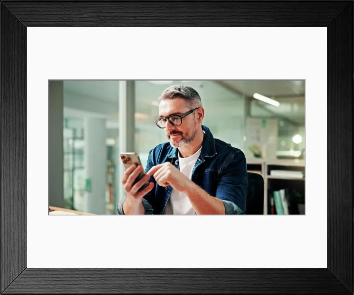 Framed Print : Phone, typing and business man in office for social media break