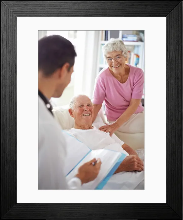 Framed Print : Doctor, senior patient and paperwork in nursing home for wellness