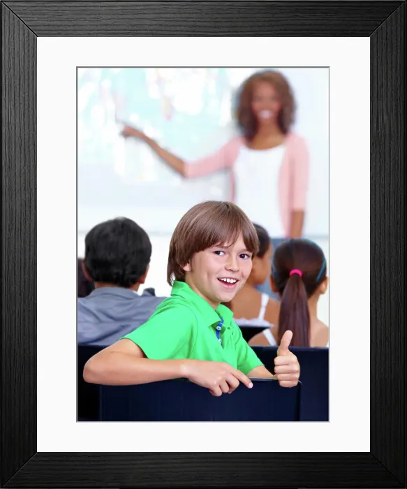 Framed Print : Thumbs up, teaching and child portrait for happy learning Framed Print : Thumbs up, teaching and child portrait for happy learning