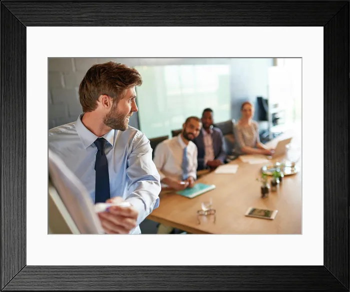Framed Print : Happy businessman, presentation and discussion with whiteboard for review