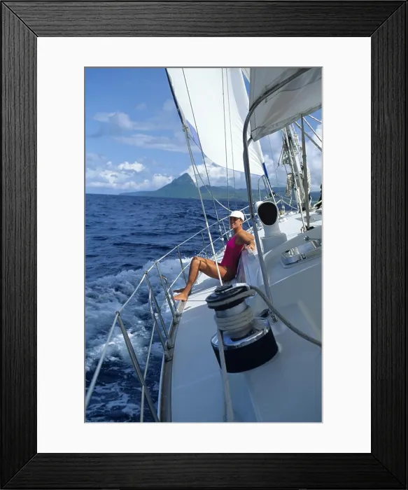 Framed Print : 1990s WOMAN SAILING LOOKING AT CAMERA SAINT LUCIA PETIT PITON WEST INDIES