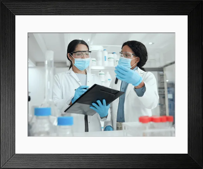 Framed Print : Research, science and women with sample Framed Print : Research, science and women with sample