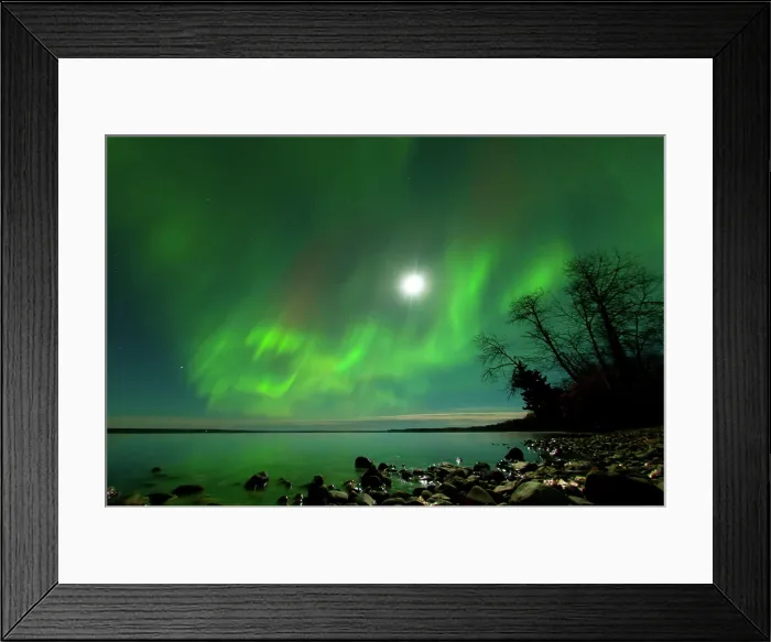 Framed Print : Aurora dancing over water at full moon in Clear lake Manitoba Canada Framed Print : Aurora dancing over water at full moon in Clear lake Manitoba Canada