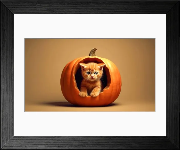 Framed Print : Cute orange kitten sits in orange pumpkin on orange background. Halloween or Thanksgiving theme Framed Print : Cute orange kitten sits in orange pumpkin on orange background. Halloween or Thanksgiving theme