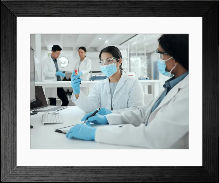 Framed Print : Scientist, woman and test tube with teamwork in lab for dna analysis