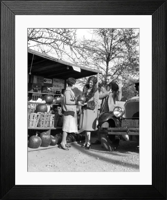 Framed Print : 1920S Couple Women Man At Roadside Produce Stand Buying Pumpkins