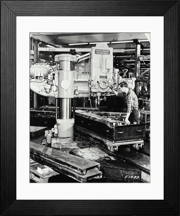 Framed Print : Vintage Photograph. Caterpillar Tractor Co. Peoria, Ill-Drilling and boring holes in side of D8 tractor main frame Framed Print : Vintage Photograph. Caterpillar Tractor Co. Peoria, Ill-Drilling and boring holes in side of D8 tractor main frame