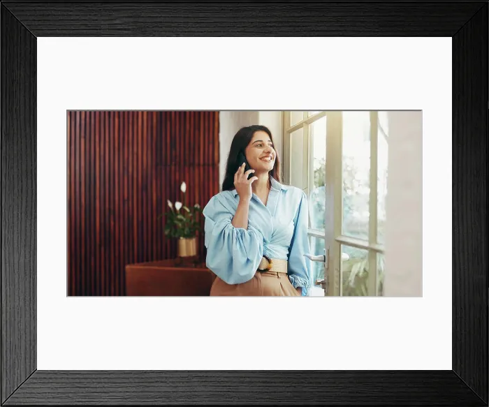 Framed Print : Phone call, window and business woman in office for communication