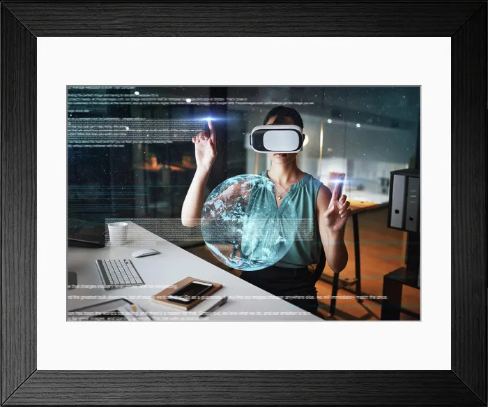 Framed Print : Earth overlay, global network or woman in virtual reality or vr for a 3d experience in office at night Framed Print : Earth overlay, global network or woman in virtual reality or vr for a 3d experience in office at night