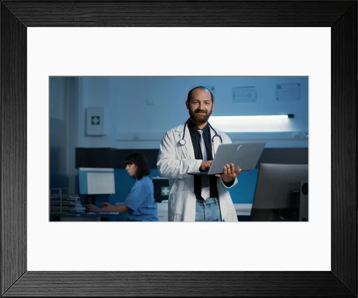 Framed Print : Portrait of smiling doctor wearing medical coat and stethoscope holding laptop computer Framed Print : Portrait of smiling doctor wearing medical coat and stethoscope holding laptop computer