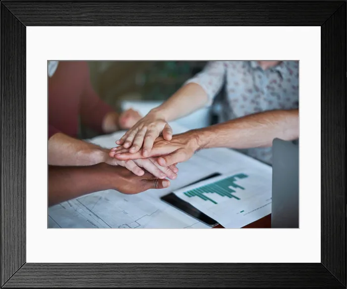Framed Print : Employees, hands and pile for teamwork on desk Framed Print : Employees, hands and pile for teamwork on desk