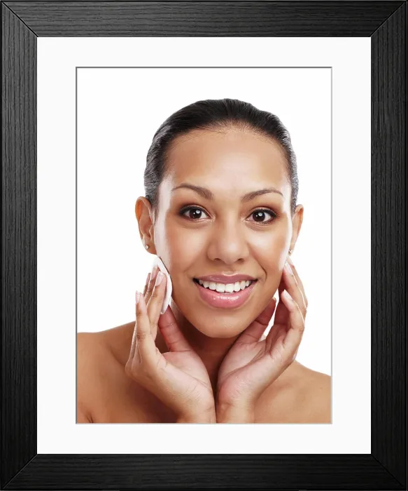 Framed Print : Skincare, cotton pad and portrait of woman with makeup remover for dermatology Framed Print : Skincare, cotton pad and portrait of woman with makeup remover for dermatology