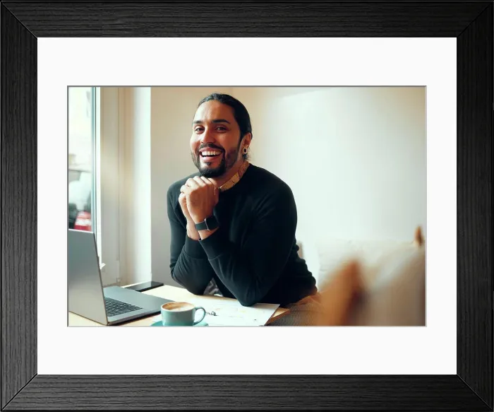 Framed Print : Happy, paperwork and portrait of man with a laptop for entrepreneurship Framed Print : Happy, paperwork and portrait of man with a laptop for entrepreneurship