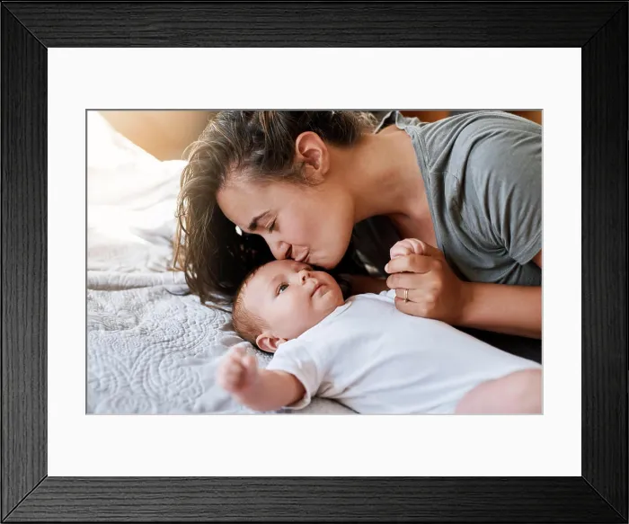 Framed Print : Mother, baby and forehead kiss on bed in home for support Framed Print : Mother, baby and forehead kiss on bed in home for support