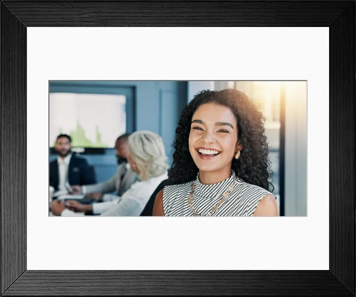 Framed Print : Happy, meeting and portrait of businesswoman in office with confidence for company budget planning