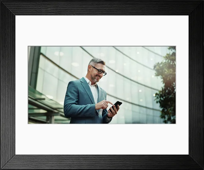 Framed Print : Mature, typing and city businessman smartphone Framed Print : Mature, typing and city businessman smartphone