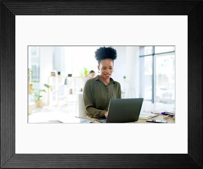 Framed Print : Business, office and black woman with a laptop Framed Print : Business, office and black woman with a laptop