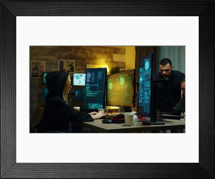 Framed Print : Hacker girl stealing information from people Framed Print : Hacker girl stealing information from people