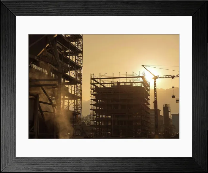Framed Print : Construction Site in Sunset in Ticino, Switzerland Framed Print : Construction Site in Sunset in Ticino, Switzerland