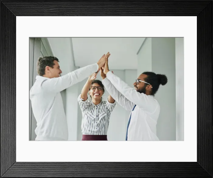 Framed Print : Office, business people and excited with high five for support Framed Print : Office, business people and excited with high five for support