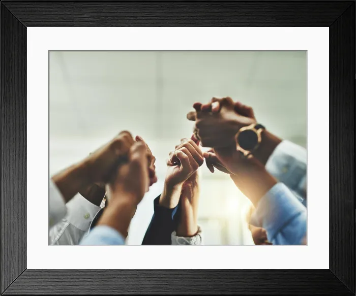 Framed Print : Business people, holding hands and circle of trust in office Framed Print : Business people, holding hands and circle of trust in office