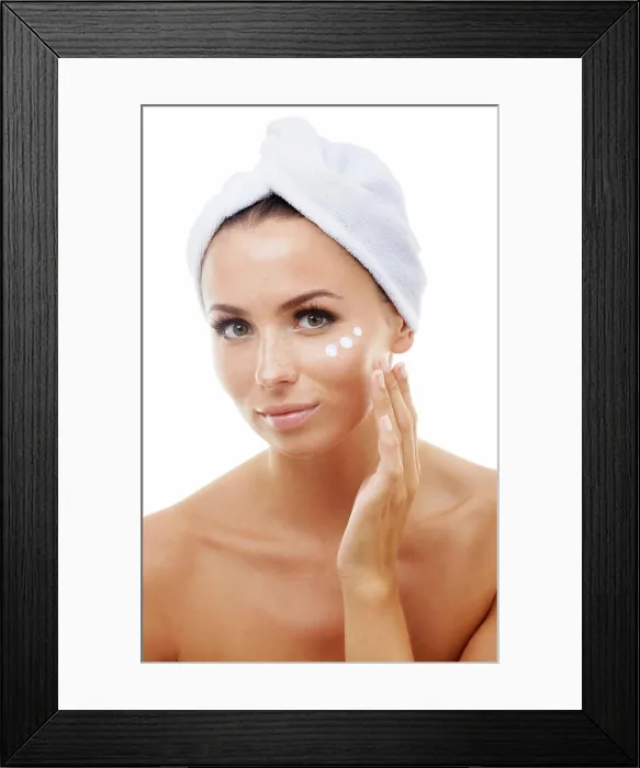 Framed Print : Portrait of woman, white background or face cream for skincare Framed Print : Portrait of woman, white background or face cream for skincare