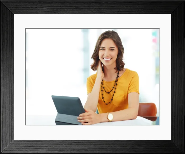 Framed Print : Business woman with tablet, portrait and research ideas for inspiration for project at digital marketing agency Framed Print : Business woman with tablet, portrait and research ideas for inspiration for project at digital marketing agency