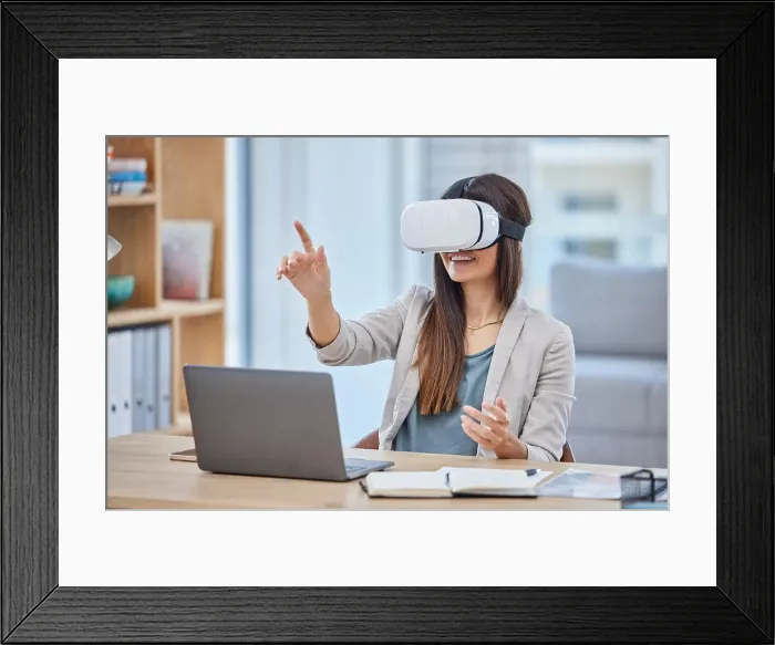 Framed Print : Vr, virtual reality and business woman in metaverse with digital technology in office Framed Print : Vr, virtual reality and business woman in metaverse with digital technology in office