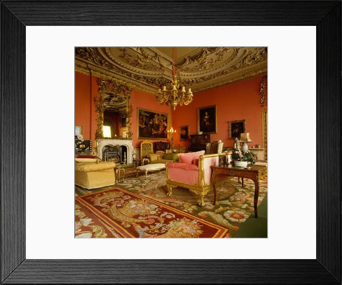 Framed Print : Antique carpets in red drawing room with ornate ceiling Framed Print : Antique carpets in red drawing room with ornate ceiling