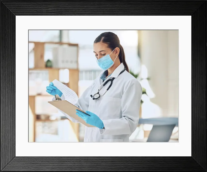 Framed Print : Clipboard, face mask and doctor in office at hospital with research for viral disease diagnosis