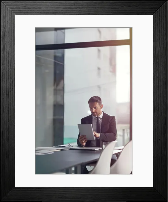 Framed Print : Tablet, search and business man in office for corporate management